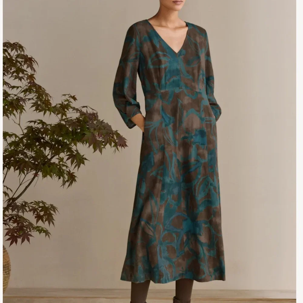 Poetry Printed V Neck Midi Dress Size 6 Women Linen Viscose Pocket In Brown Teal